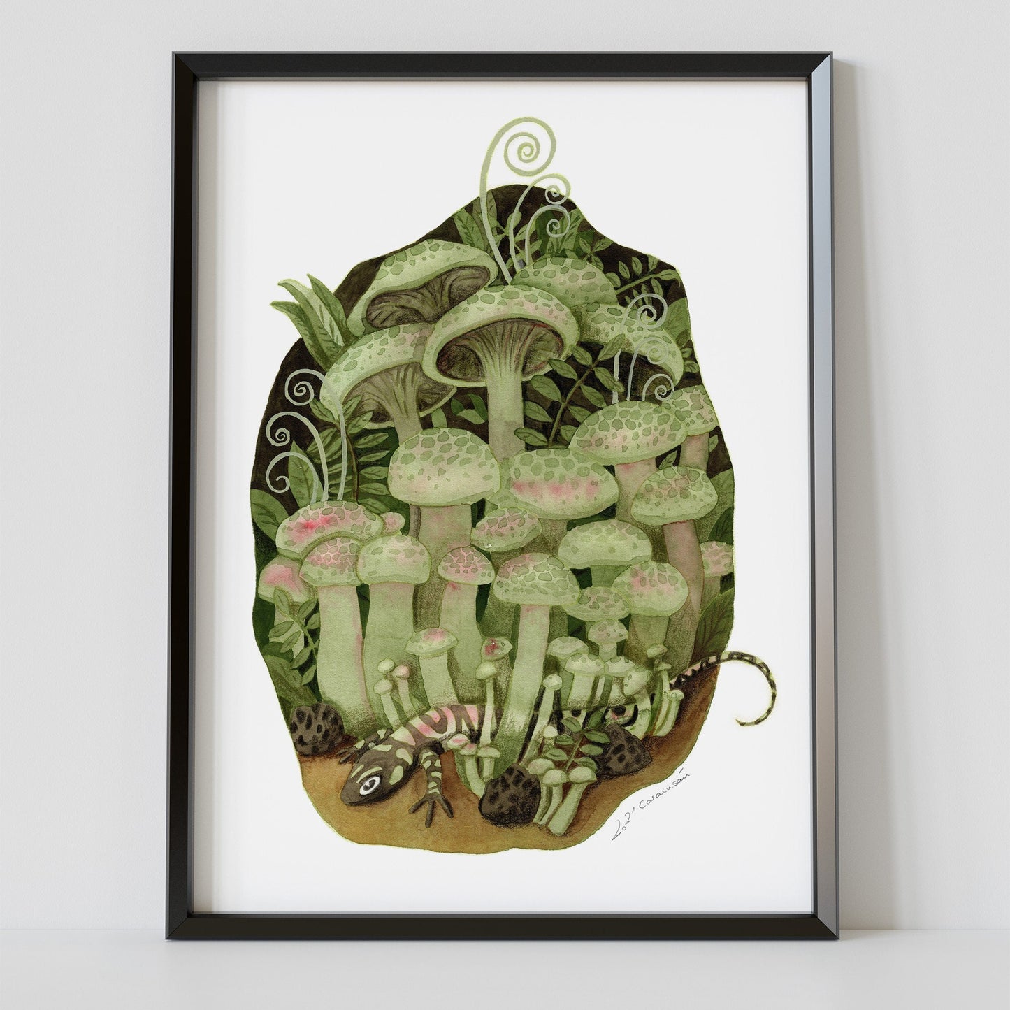 Watercolor - Mushroom Forest and Salamander - Fine Art Print - handsigned - Autumn Wall Decoration