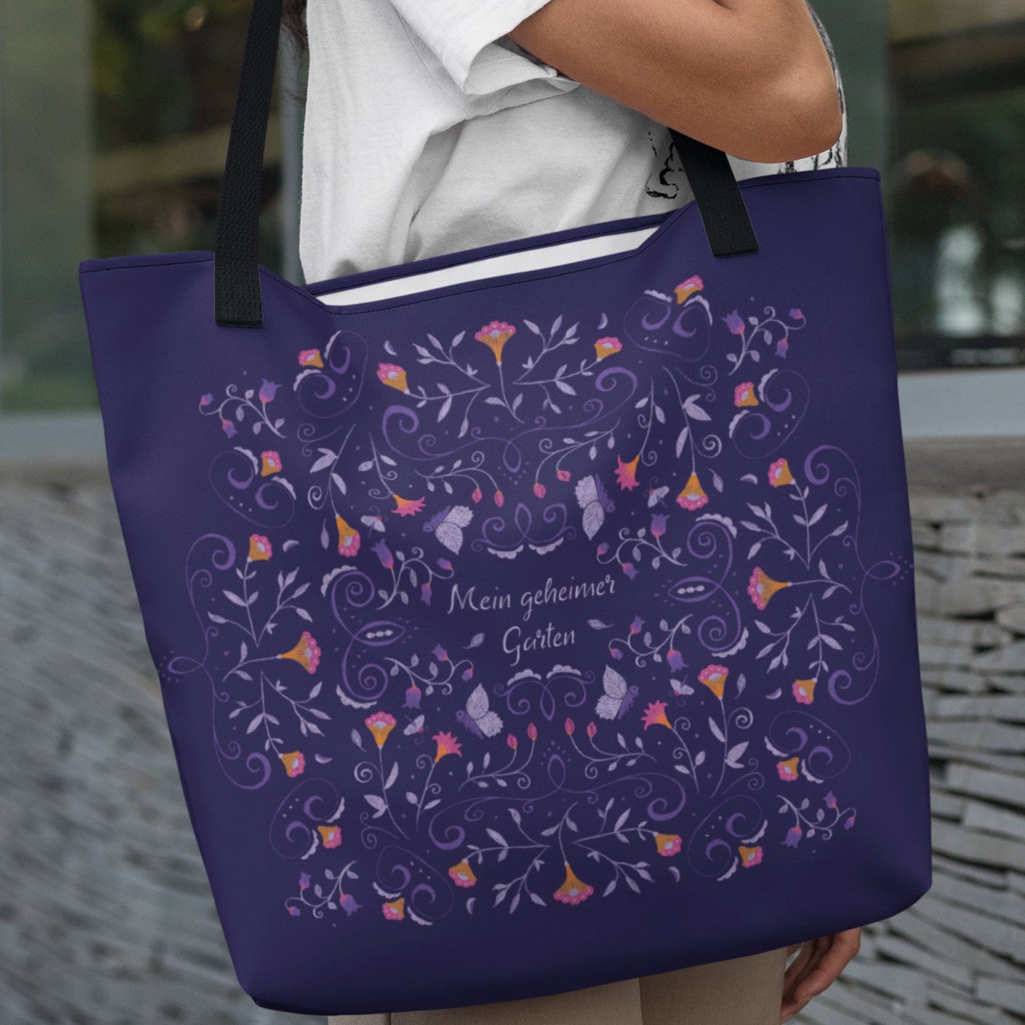 Large tote bag with flower ornaments 'My Secret Garden'