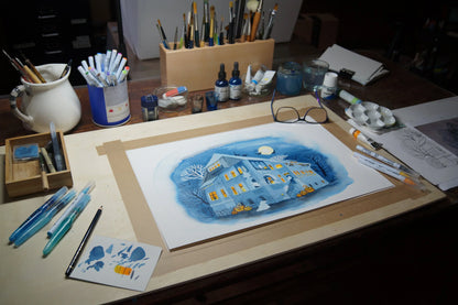 Kunstdruck 'Halloweenparty' auf feinem Aquarellpapier - handsigniert - Lustige Gespenster und Kürbisgesichter - Carasusan