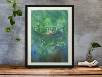 Kunstdruck Hexe im Pilz Wald | auf 300g Aquarellpapier | Wandbild grün | Wítchy Style | Wanddekoration Gemälde | Fantasy Landschaft - Carasusan